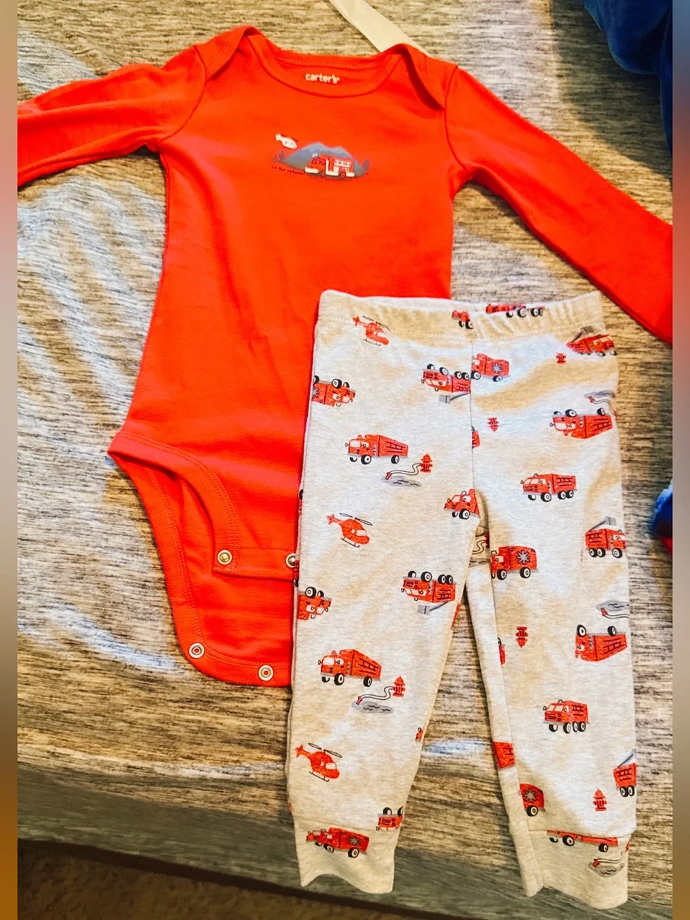 Carter's Red Long-Sleeve Bodysuit with Gray Firetruck Pants
